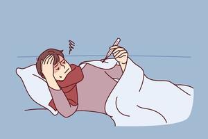 Sick guy lies on sofa or bed under blanket and looks at thermometer after walk in park in cold weather. Weakened man needs medicine for flu or viral epidemic that causes fever. Flat vector design
