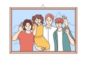 Happy family of man and woman with children are depicted in portrait in wooden frame hanging on wall. Cheerful boy and girl together with parents pose for family photo. Flat vector illustration