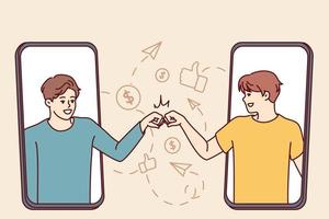 Two men looking out of screens mobile phones greet each other with fists talking at distance. Metaphor of messaging in social networks and internet messengers in smartphone. Flat vector image