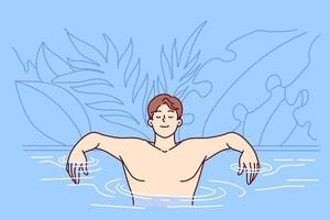 Carefree man is in pool near leaves of tropical plants, arms outstretched leans on skirting and closes eyes. Young age guy enjoys while swimming in pool of resort hotel. Flat vector design