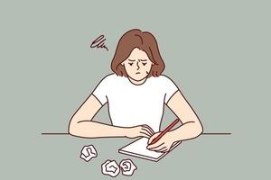 Stressed girl sitting at table with crumpled papers writes essay for university admission. Depressed woman writer composing novel lacks inspiration and ideas for fiction story. Flat vector image