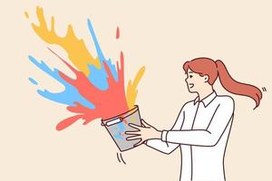 Creative woman splashes multicolored liquid paint from bucket wishing to make world brighter. Concept individuality and desire to share non-standard ideas with others. Flat vector illustration