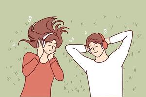 Man and woman enjoy listening to music in wireless headphones and enjoy cool song. Top view of lying carefree guys and girl relaxing with earphones on head with closed eyes. Flat vector illustration