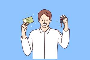 Happy man in white shirt demonstrates drivers license and keys to new car. Young guy rejoices at end of studies at school for beginners in motorists or taking course to drive truck. Flat vector image