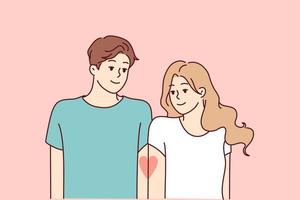 Romantic man and woman with tattoo in form of half heart on hands symbolizing love and desire to be together. Young guy and girl feel affection and want to be together. Flat vector illustration