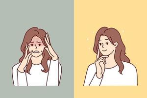 Discouraged long-haired woman with frightened face clutches head after seeing bandit or terrible crime. Positive girl in casual t-shirt touches chin and smiles carelessly. Flat vector illustration