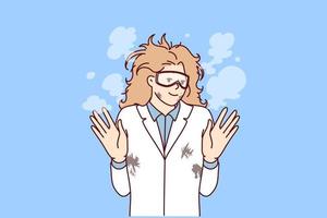 Woman mad scientist with tousled hair after failed experiment with chemical reagents. Research laboratory employee raises hands while standing in white coat with stains and smoke. Flat vector design