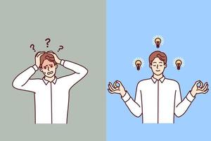 Discouraged man clutching head and meditating guy with light bulbs near face. Calm human with lot of ideas and frightened office worker who doesnt know what to do. Flat vector illustration