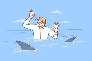 Frightened man in business shirt is in water with sharks and raises hands out of panic. Guy in office clothes with predatory fish symbolizes unfriendly environment in company team. Flat vector design