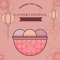 Lantern Festival Yuan Xiao Ji echinese paper art design. Tang Yuan sweet dumpling soup and lantern paper cut. Lunar new year food vector illustration. Chinese Lantern Festival