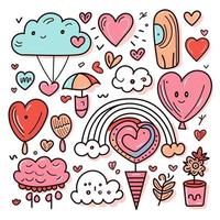 Hand drawn valentines day doodle drawings element set love romance hearts flowers valentine card illustration vector