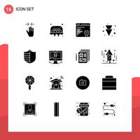 User Interface Pack of 16 Basic Solid Glyphs of security protection food full arrow Editable Vector Design Elements