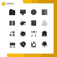 Mobile Interface Solid Glyph Set of 16 Pictograms of referee power viennese battery web Editable Vector Design Elements