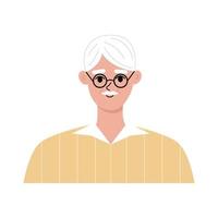 Modern old man portrait flat. Nice elderly male gray-haired character wearing glasses and yellow shirt . face, head portrait. Hand drawn vector illustration isolated on white background.