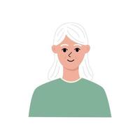 Modern old woman portrait flat. Nice elderly female gray-haired character in blue T-shirt. Face, head portrait. Hand drawn vector illustration isolated on white background.