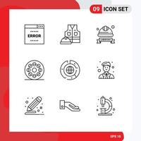 Set of 9 Modern UI Icons Symbols Signs for video movie labour media helmet Editable Vector Design Elements