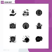 Pack of 9 creative Solid Glyphs of cloak cloakcoin globe photo camera Editable Vector Design Elements