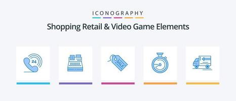 Shoping Retail And Video Game Elements Blue 5 Icon Pack Including gooods . truck . shopping. location. compass. Creative Icons Design vector