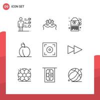 9 Thematic Vector Outlines and Editable Symbols of forward camera barcode cinema food Editable Vector Design Elements