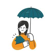 hand drawn doodle person holding umbrella for house symbol for house protection vector