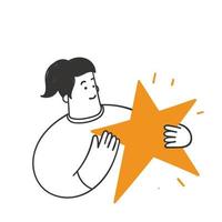 hand drawn doodle person holding gold star illustration vector