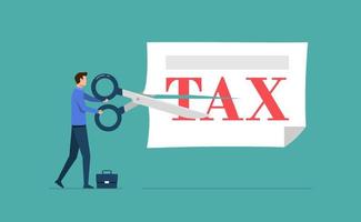 Businessman cutting word tax with scissors, Business finance, lower tax bill concept vector