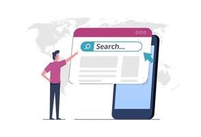 Searching information network concept, virtual internet search page on smartphone screen, web search engine and SEO keyword search tool vector