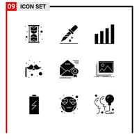 Mobile Interface Solid Glyph Set of 9 Pictograms of offer award interface email costume Editable Vector Design Elements