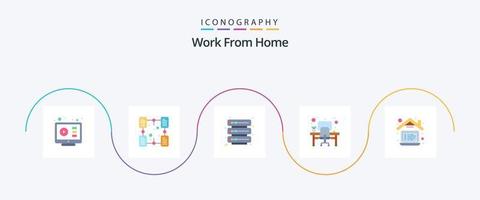 trabajar desde casa paquete de iconos de 5 planos que incluye computadora. área de trabajo. carpeta. bastidor de trabajo. servidor vector