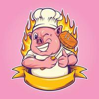 divertida mascota del logo del cerdo del chef con ilustraciones de vectores de cinta para el logo de su trabajo, camiseta de la mascota, diseños de pegatinas y etiquetas, afiche, tarjetas de felicitación que anuncian empresas comerciales o marcas.