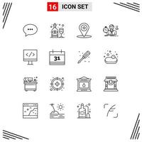 Universal Icon Symbols Group of 16 Modern Outlines of computer depression map sad failure Editable Vector Design Elements