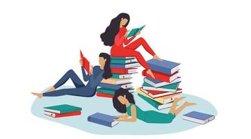 Ladies reading book. Flat cartoon vector illustration.