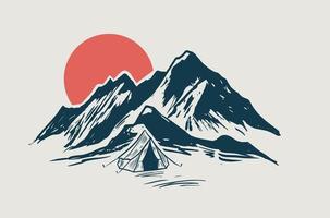 camping, paisaje montañoso, estilo boceto, ilustraciones vectoriales. vector