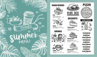 Summer menu. Restaurant food menu design, hand drawn illustrations. Vector food flyer.