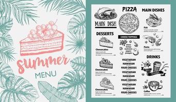 Summer menu. Restaurant food menu design, hand drawn illustrations. Vector food flyer.