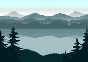 nature lake and mountains with blue silhouette vector illustration