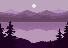 lago natural y montañas con ilustración de vector de silueta púrpura en la noche