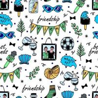 Male friendship seamless vector pattern. Best friends, colleagues, team. Symbols of good relations - photos, football, karaoke, garlands, hug, rapport. Hand drawn doodles. Background for cards, prints
