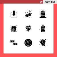 User Interface Pack of 9 Basic Solid Glyphs of prize crystal living diamound signature Editable Vector Design Elements