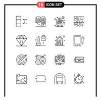 conjunto moderno de 16 contornos y símbolos, como la bandera del carro de la fiesta de diamantes, celebra elementos de diseño vectorial editables vector