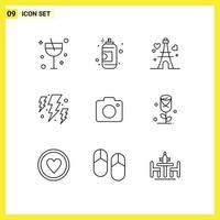 Modern Set of 9 Outlines Pictograph of image weather tower power bolt Editable Vector Design Elements