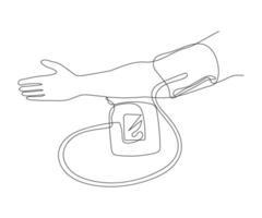 hand with tonometer, blood pressure measurement, hand-drawn, continuous mono line, one line art, contour drawing vector