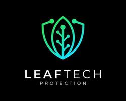 Leaf Green Branch Technology Digital Circuit Line Connection Shield Protection Vector Logo Design