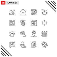 conjunto de 16 símbolos de iconos de interfaz de usuario modernos para el edificio del museo de la sala web que sirve elementos de diseño vectorial editables vector