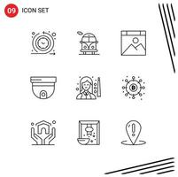 9 User Interface Outline Pack of modern Signs and Symbols of pool billiards computer surveillance roof Editable Vector Design Elements