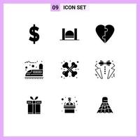 Mobile Interface Solid Glyph Set of 9 Pictograms of medical care couple transport railway Editable Vector Design Elements