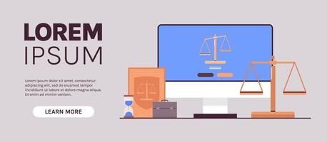 Law and justice gavel judge books, scales on monitor screen online lawyer legal advice horizontal concept flat vector illustration.