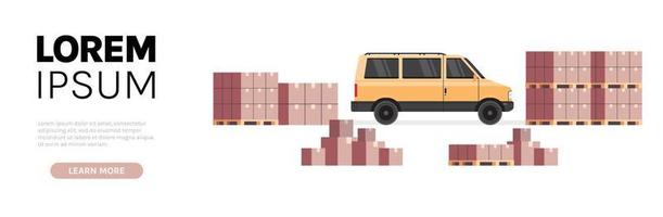 Warehouse cargo minivan loading parcel packages and international delivery industrial concept flat vector illustration.