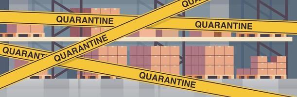 Empty no people warehouse interior full of cargo with yellow crisis tape coronavirus pandemic quarantine and modern storehouse interior horizontal banner concept flat vector illustration.