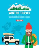 Winter travel design flat. Traveler on a modern suv car vector